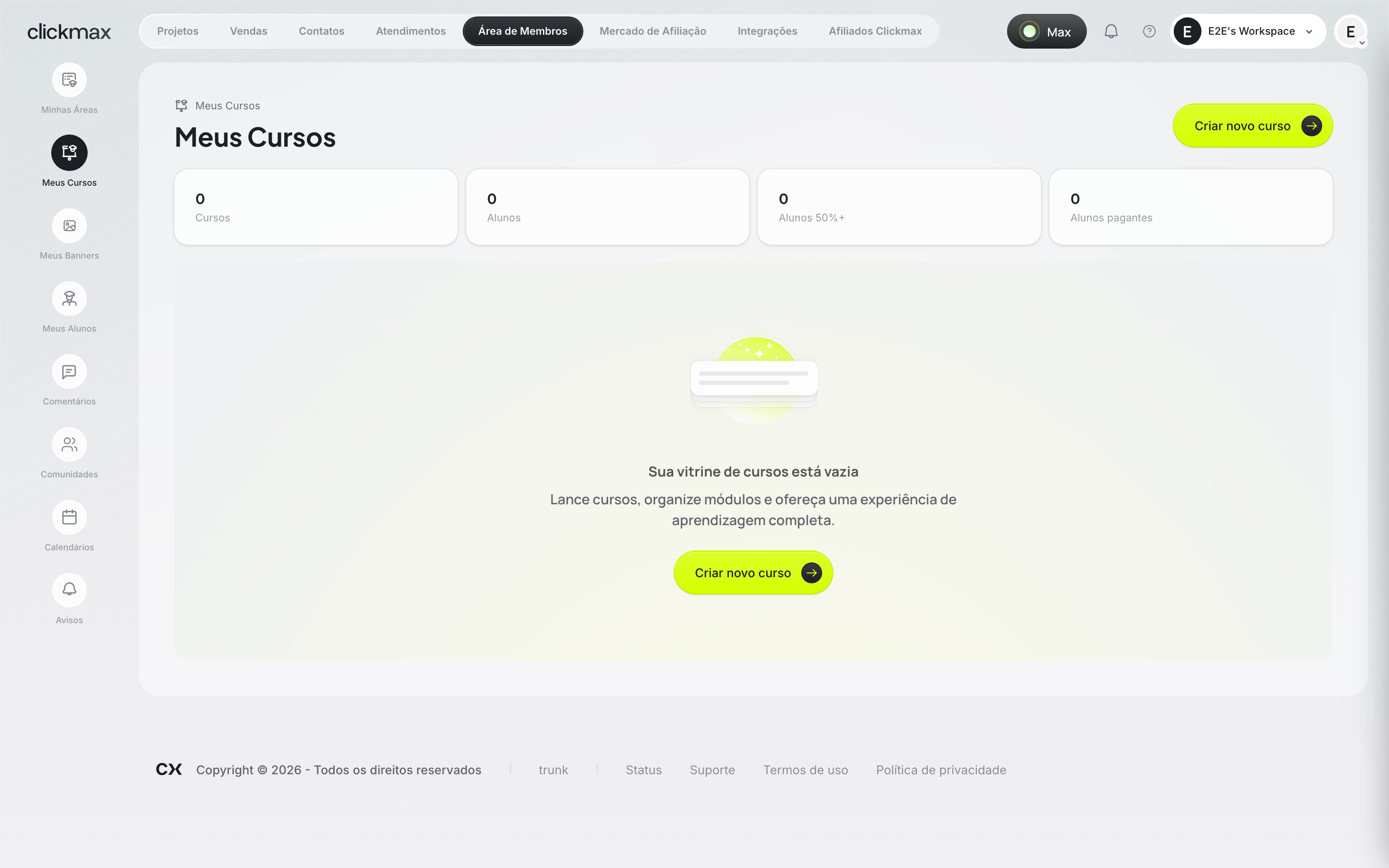 Área de Membros com a listagem de cursos do workspace