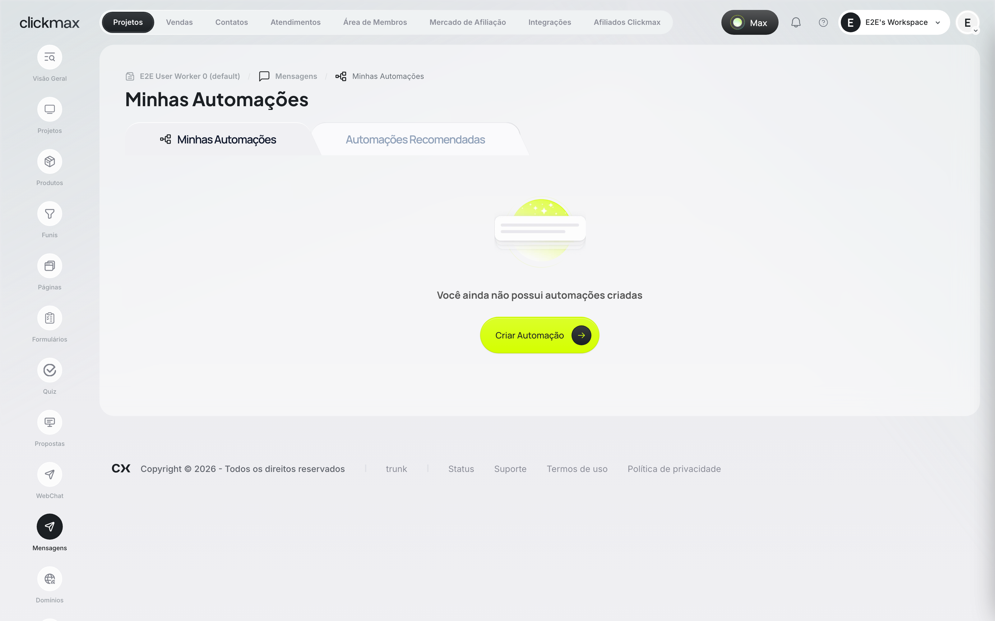 Lista de automações do workspace com o status de cada uma