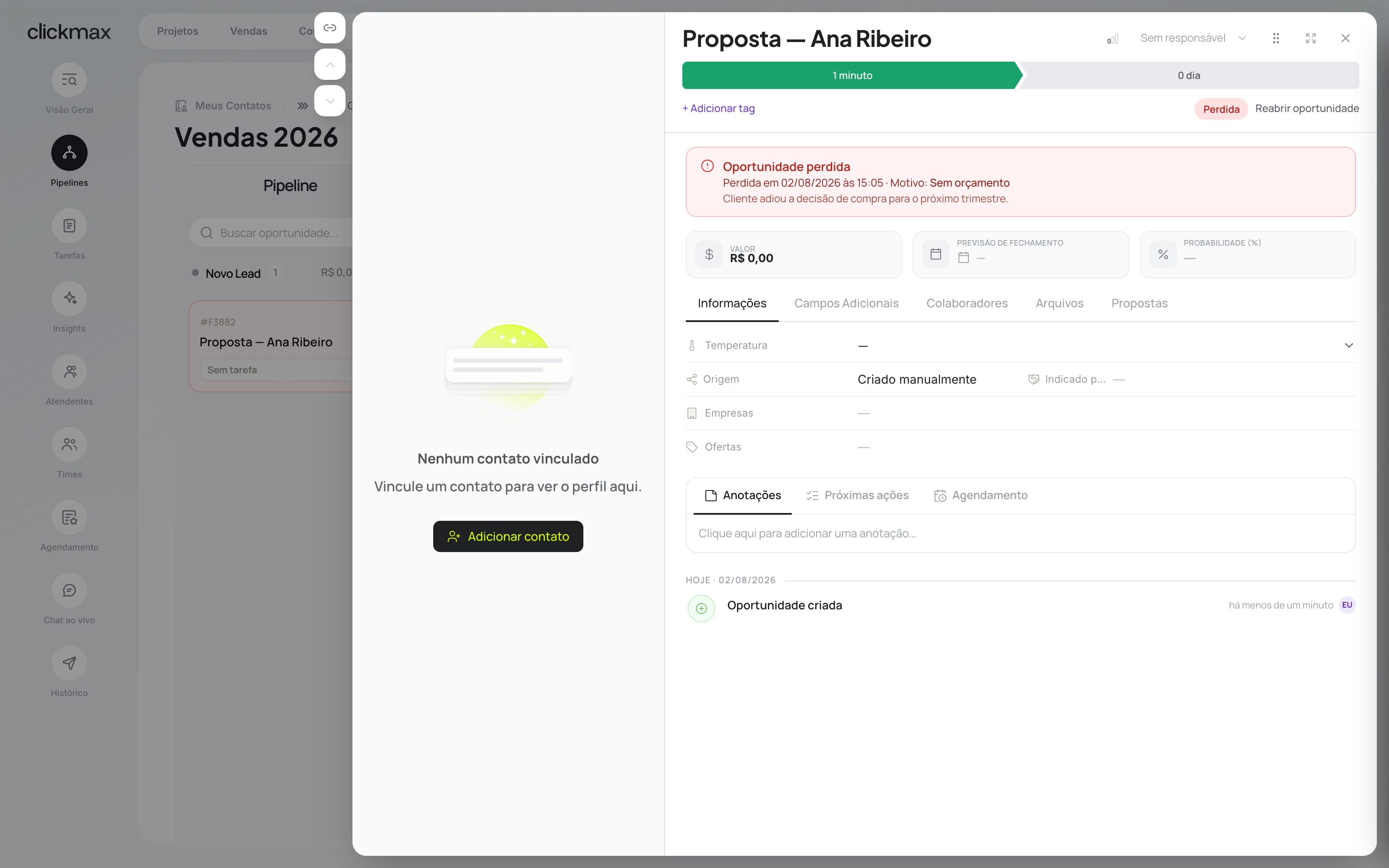 Oportunidade marcada como perdida exibindo o motivo registrado