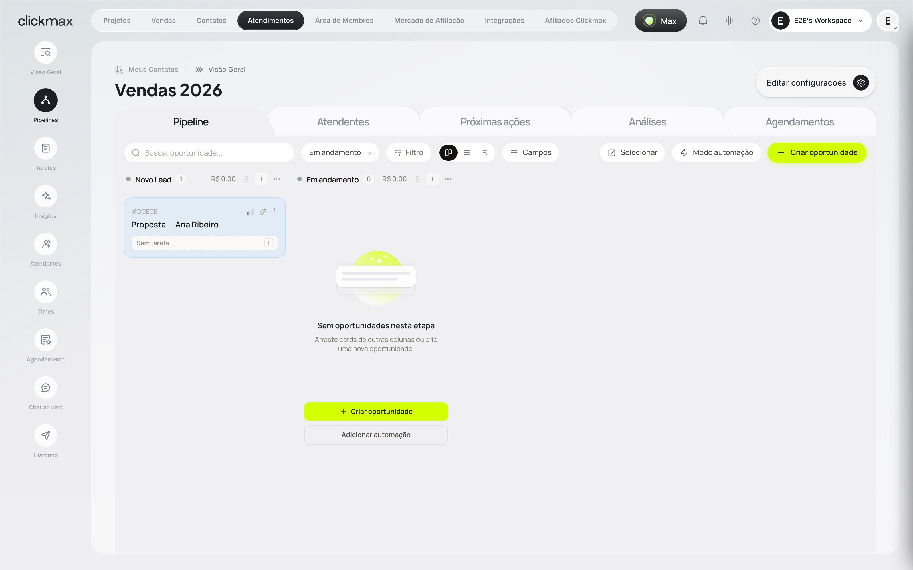 Board com a primeira oportunidade criada na etapa Novo Lead