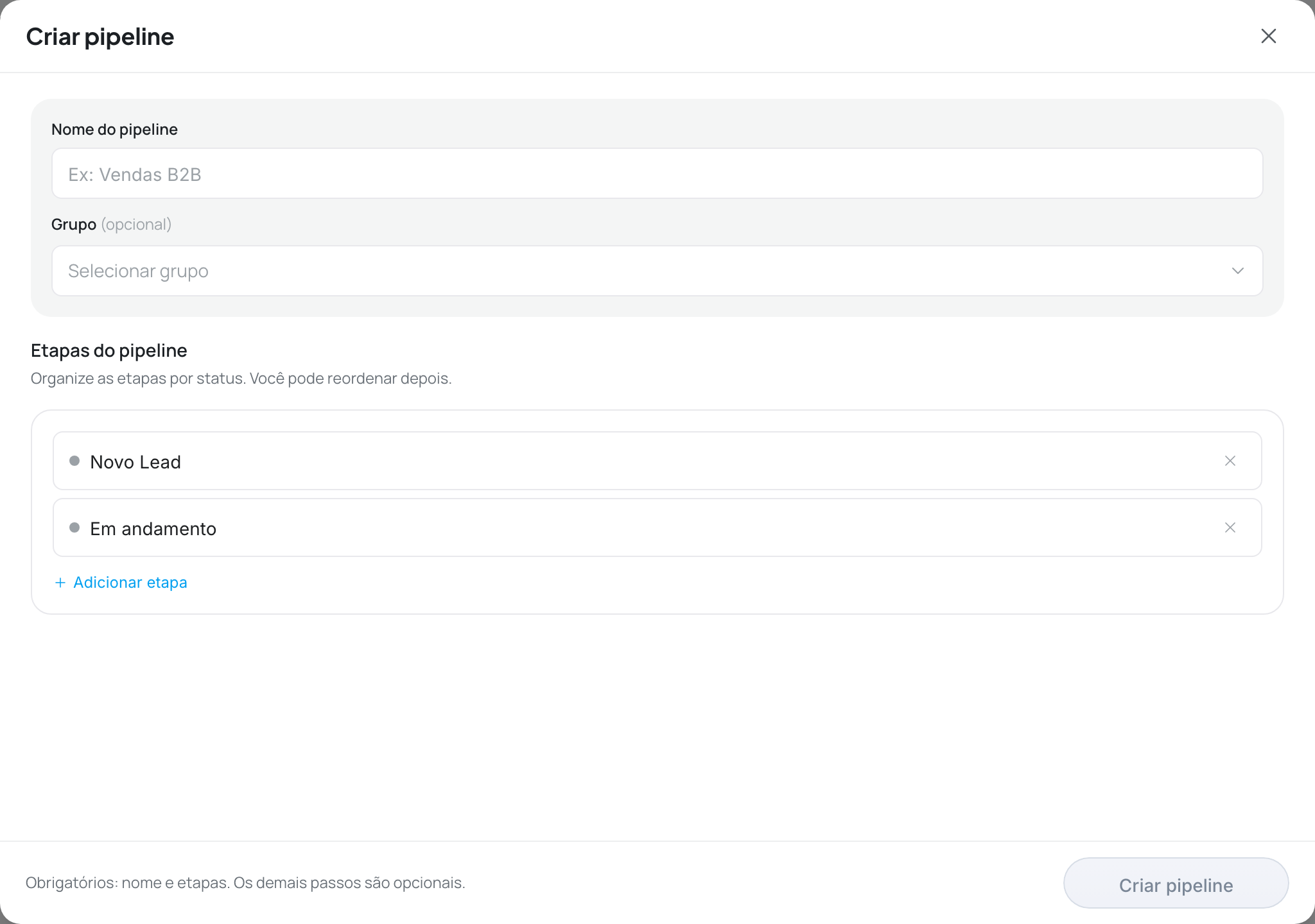 Modal de criação já com as etapas Novo Lead e Em andamento preenchidas