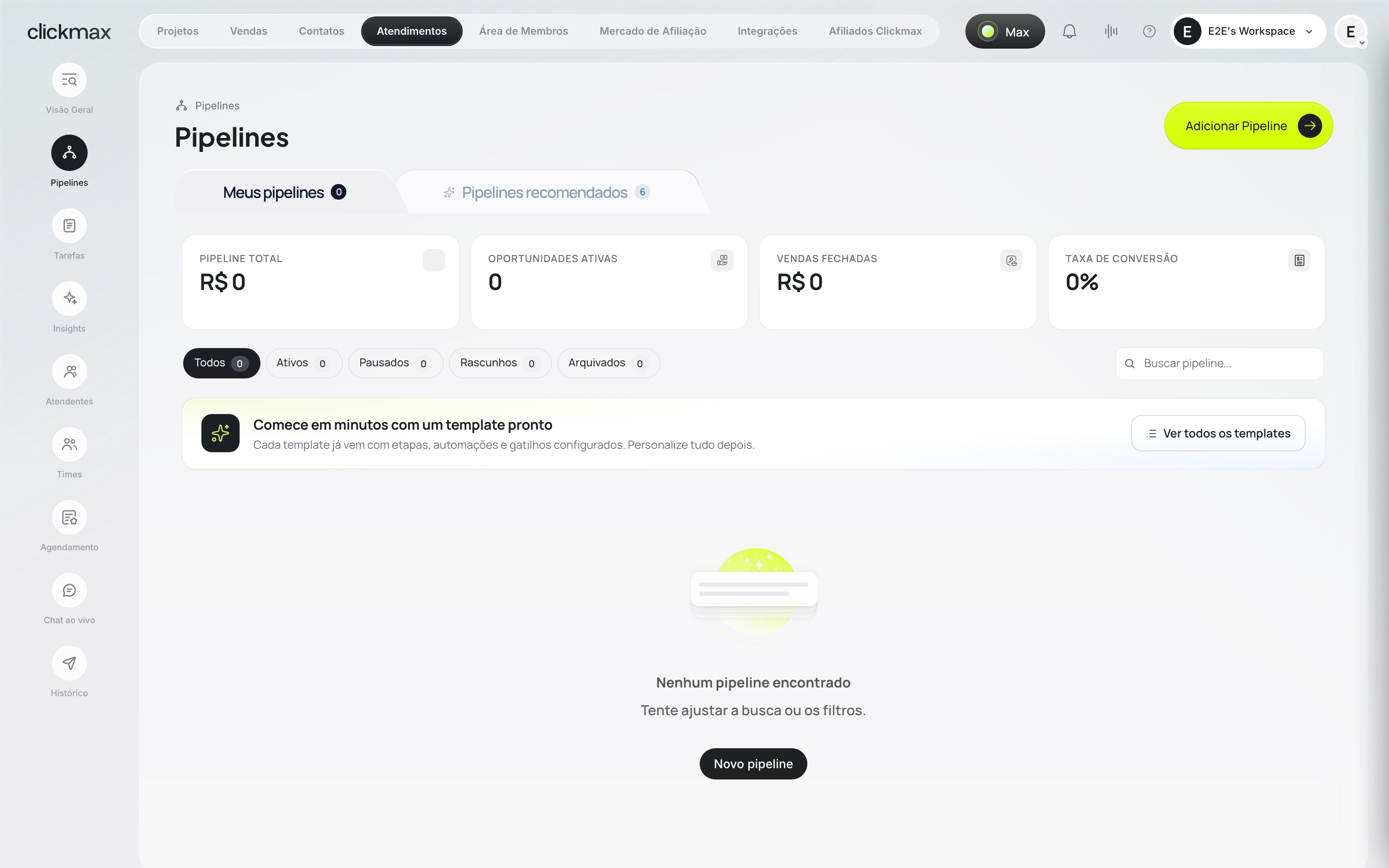 Lista de pipelines com o botão Adicionar Pipeline no topo da tela