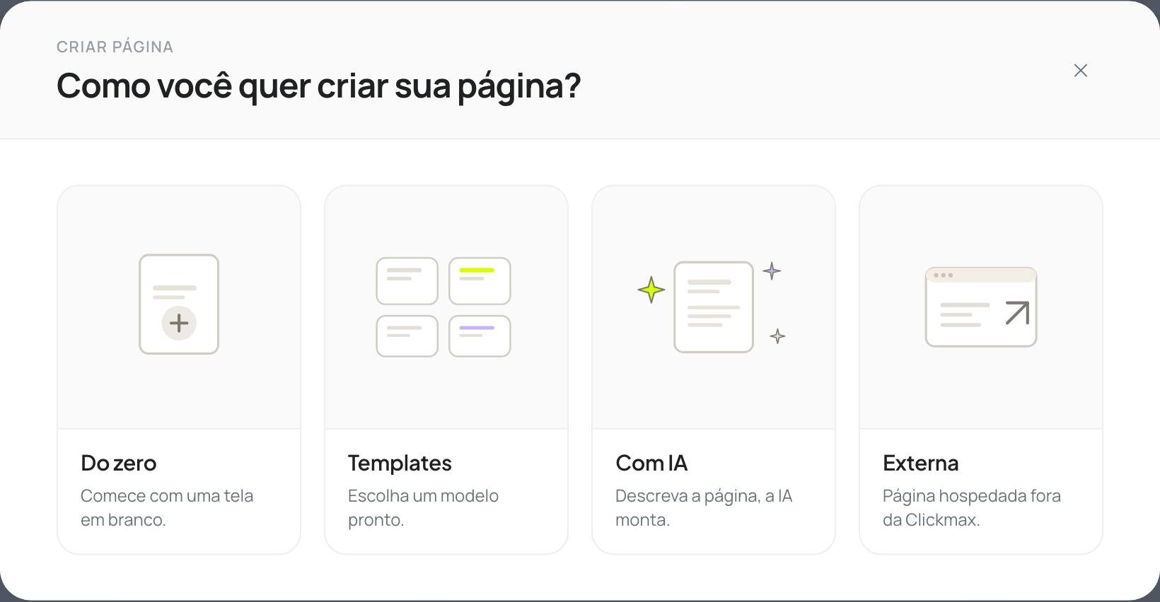 Seletor de método ao criar uma página: em branco, com IA ou externa