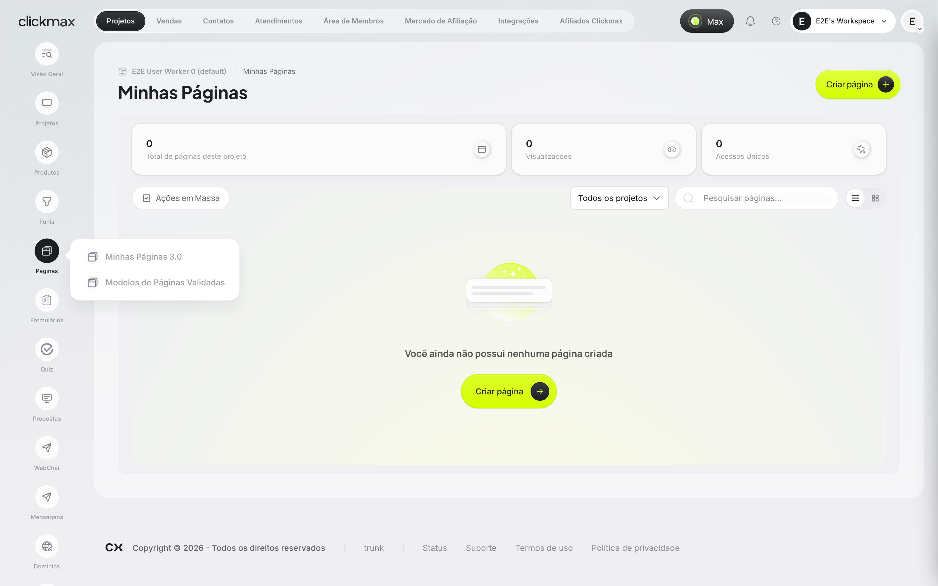 Lista de páginas do workspace